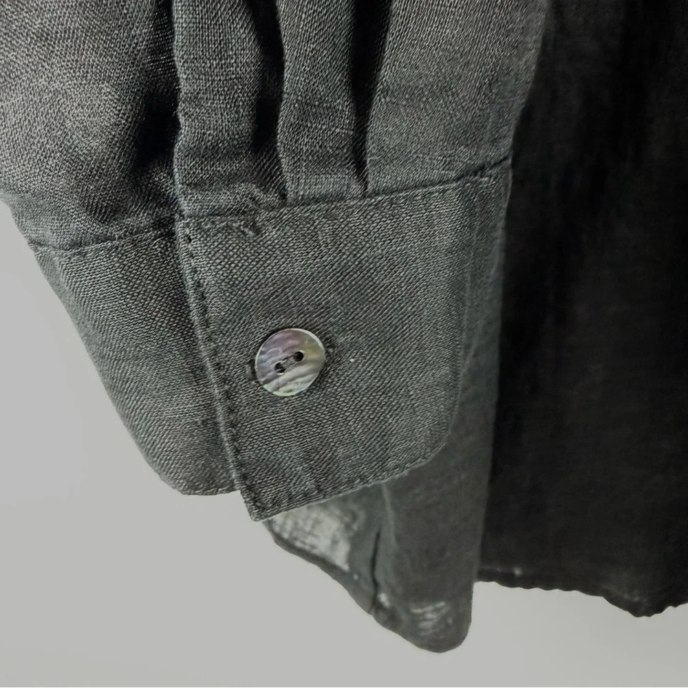 Magaschoni Black 100% Linen Button Down Shirt Roll Tab Sleeve Medium - Picture 14 of 15